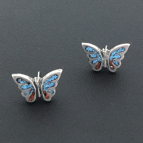 Vintage 80’s Turquoise Butterfly Stud Earrings Chip Inlay Boho Western Retro - Picture 6 of 11